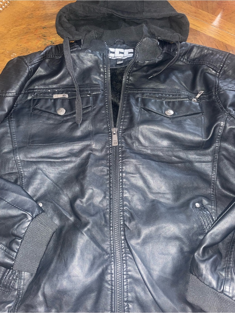 Men's Black Faux Leather Hooded Bomber Jacket
